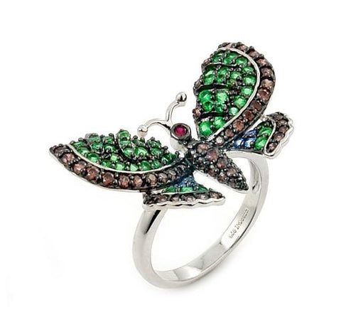 .925 Sterling Silver Ferroni Green, Brown And Light Blue Butterfly Ring With Colored Zirconia By Swarovski, <b>size: 6</b>