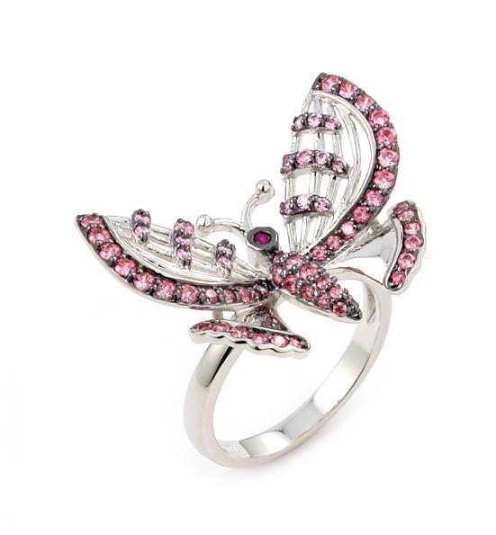 .925 Sterling Silver Ferroni Red, Dark And Light Pink Butterfly Ring With Colored Zirconia By Swarovski, <b>size: 6</b>