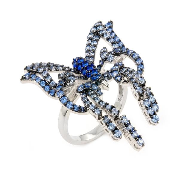 .925 Sterling Silver Ferroni Dark And Light Blue Butterfly Ring With Colored Zirconia By Swarovski, <b>size: 6</b>