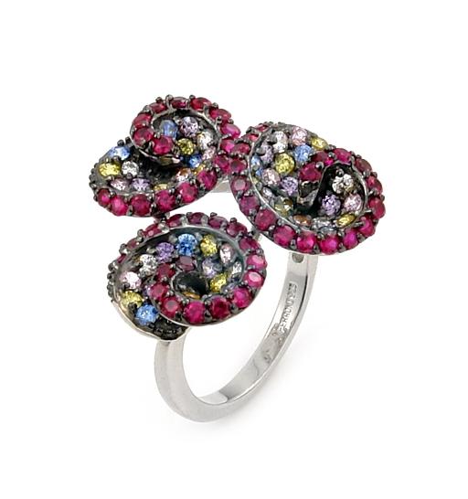 .925 Sterling Silver Ferroni Red And Multi Color Triple Swirl Ring With Colored Zirconia By Swarovski, <b>size: 6</b>