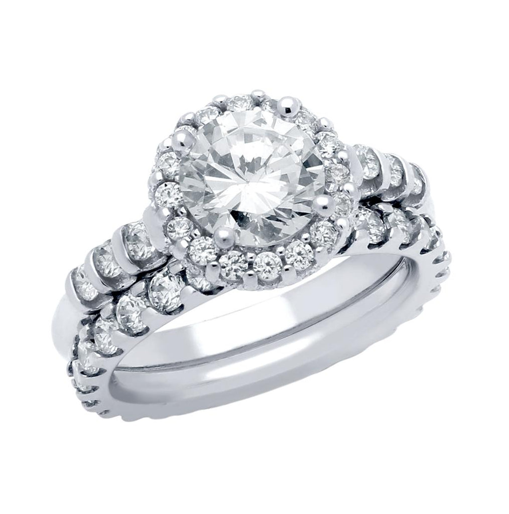 .925 Sterling Silver Rhodium Plated Round Cz Beaded Arch Ring And Eternity Band Wedding Set, <b>size: 5</b>