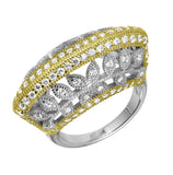 .925 Sterling Silver Two-tone Rhodium And Gold Fashion Ring With Cz And Leaf Filigree, <b>size: 6</b>