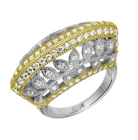 .925 Sterling Silver Two-tone Rhodium And Gold Fashion Ring With Cz And Leaf Filigree, <b>size: 6</b>