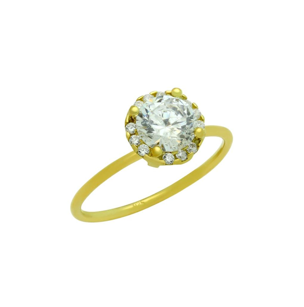 .925 Sterling Silver Gold Plated 6.5mm Clear Round Cz Ring With Surrounding Clear Cz Stones, <b>size: 5</b>