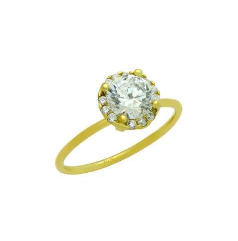 .925 Sterling Silver Gold Plated 6.5mm Clear Round Cz Ring With Surrounding Clear Cz Stones, <b>size: 5</b>