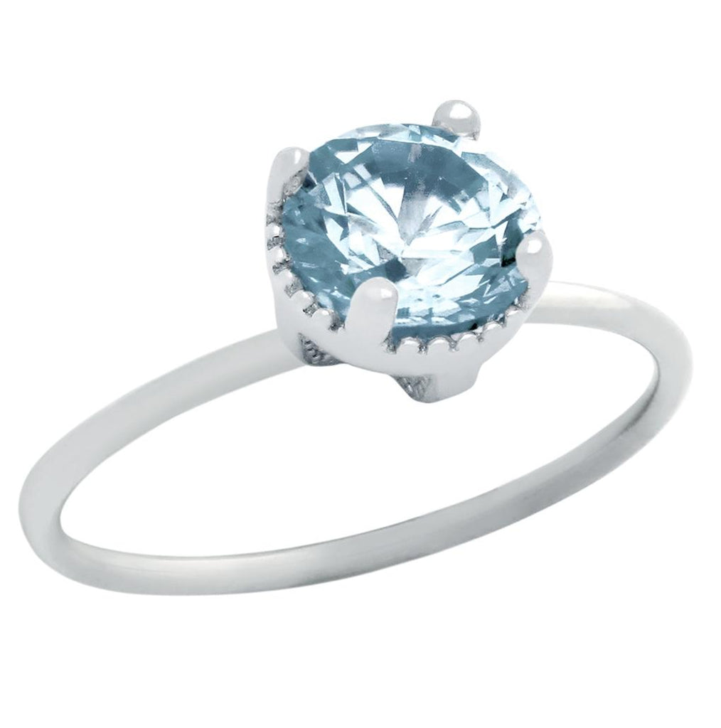 .925 Sterling Silver Rhodium Plated March Birthstone Aquamarine Blue Round Cz Ring, <b>birthstone: Mar</b>