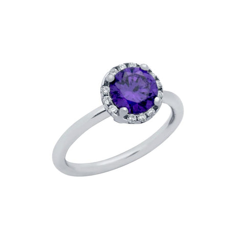 .925 Sterling Silver Rhodium Plated Purple Round Cz Ring With Surrounding Clear Cz Stones, <b>size: 5</b>