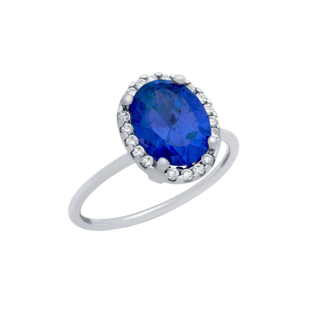 .925 Sterling Silver Rhodium Plated Blue Oval Cz Ring With Surrounding Clear Cz Stones, <b>size: 5</b>