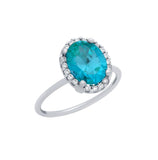 .925 Sterling Silver Rhodium Plated Topaz Blue Oval Cz Ring With Surrounding Clear Cz Stones, <b>size: 5</b>