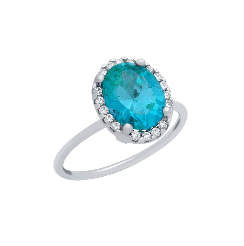 .925 Sterling Silver Rhodium Plated Topaz Blue Oval Cz Ring With Surrounding Clear Cz Stones, <b>size: 5</b>