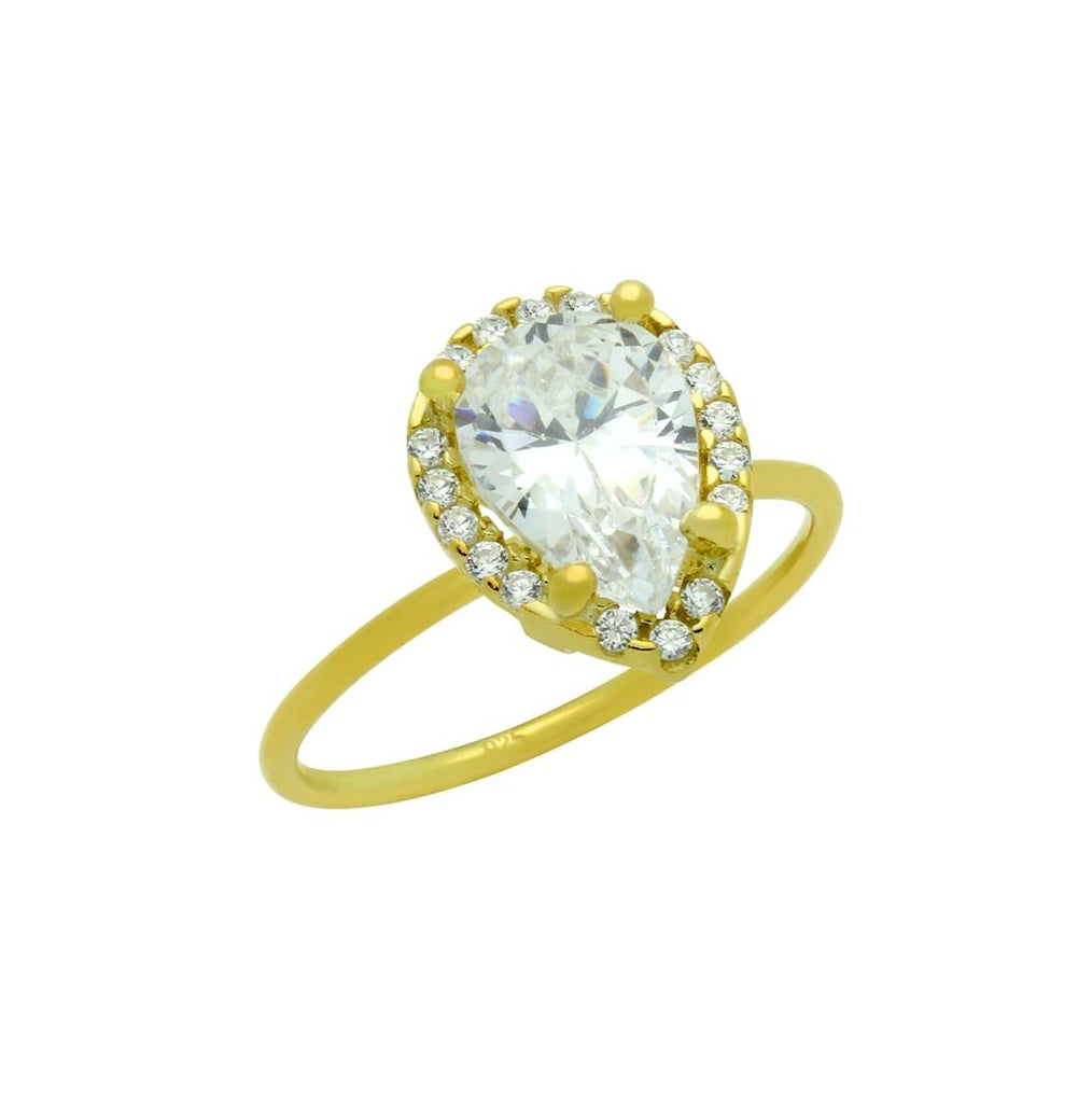 .925 Sterling Silver Gold Plated 7x10mm Clear Teardrop Cz Ring With Surrounding Cz Stones, <b>size: 5</b>