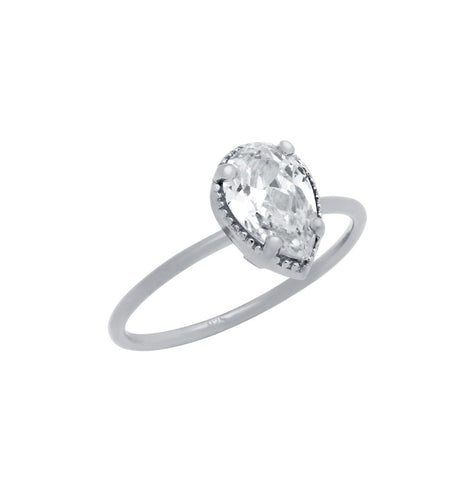 .925 Sterling Silver Rhodium Plated Clear 6x9mm Teardrop Cz Ring, <b>size: 5</b>