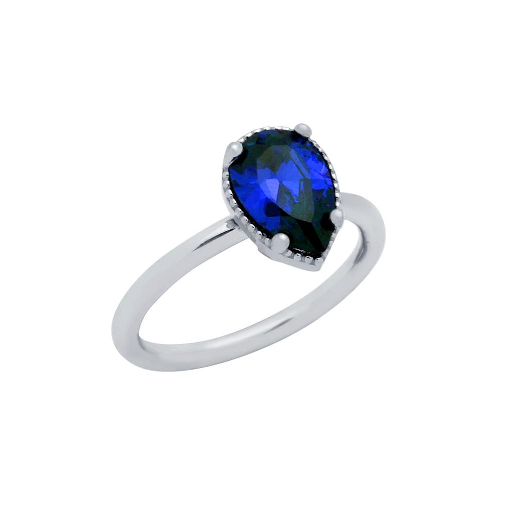 .925 Sterling Silver Rhodium Plated Blue Teardrop Cz Ring, <b>size: 5</b>