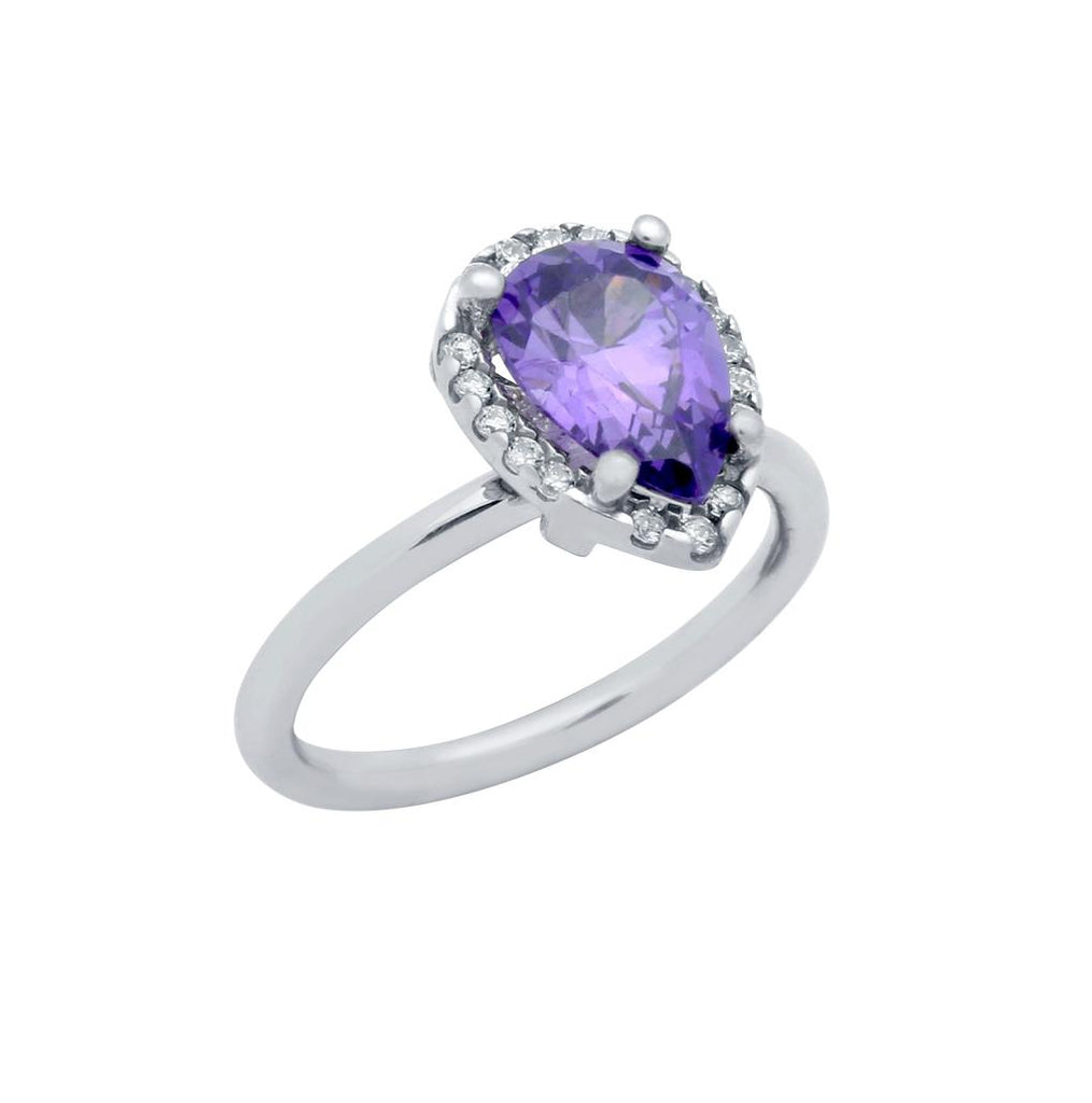 .925 Sterling Silver Rhodium Plated Purple Teardrop Cz Ring With Surrounding Clear Cz Stones, <b>size: 5</b>