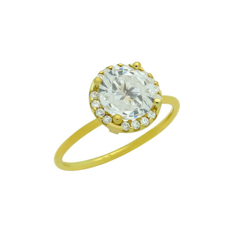 .925 Sterling Silver Gold Plated Clear 7.5mm Round Cz Ring With Surrounding Clear Cz Stones, <b>size: 5</b>