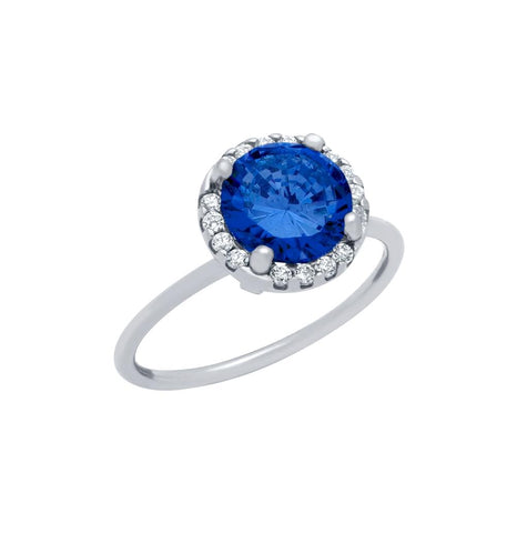 .925 Sterling Silver Rhodium Plated Blue Round Cz Ring With Surrounding Clear Cz Stones, <b>size: 5</b>