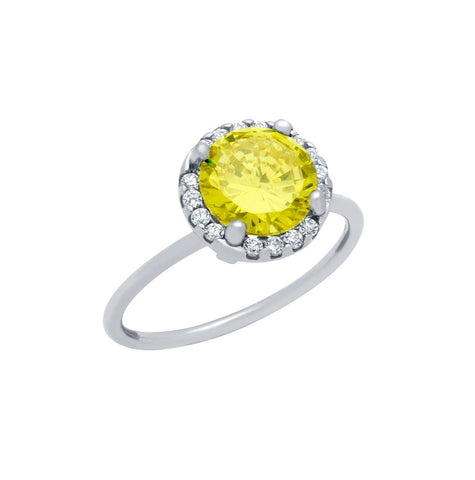 .925 Sterling Silver Rhodium Plated Canary Yellow Round Cz Ring With Surrounding Clear Cz Stones, <b>size: 5</b>