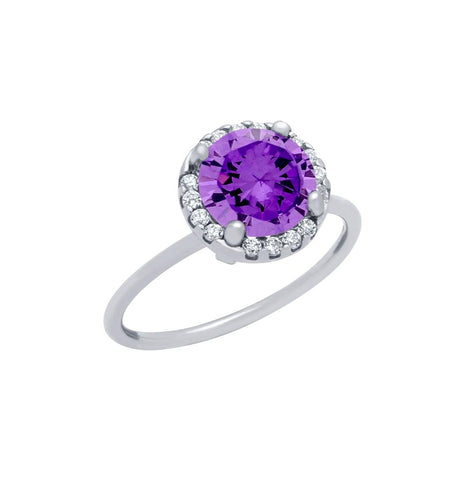 .925 Sterling Silver Rhodium Plated Purple Round Cz Ring With Surrounding Clear Cz Stones, <b>size: 5</b>