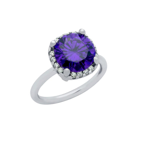 .925 Sterling Silver Rhodium Plated Purple 8mm Round Cz Ring With Square Design Surrounding Clear Cz Stones, <b>size: 5</b>