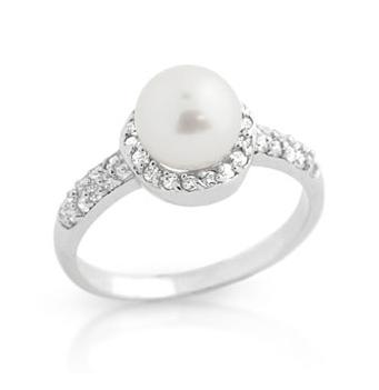 .925 Sterling Silver Rhodium Plated Freshwater Pearl And Cz Ring, <b>size: 7</b>