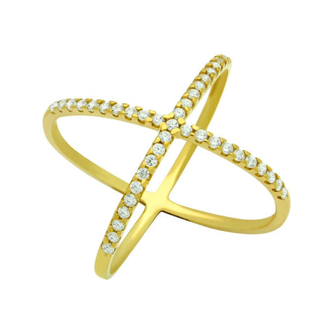 .925 Sterling Silver Gold Plated X Ring With Medium 1.25mm Cz Pave, <b>size: 6</b>