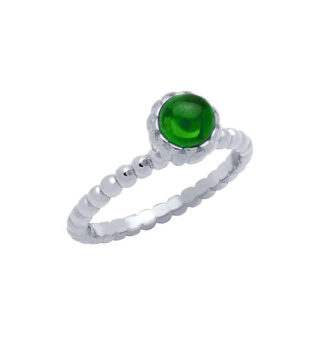 .925 Sterling Silver Rhodium Plated Bead Design Ring With 5mm Cabochon Emerald, <b>size: Emd</b>