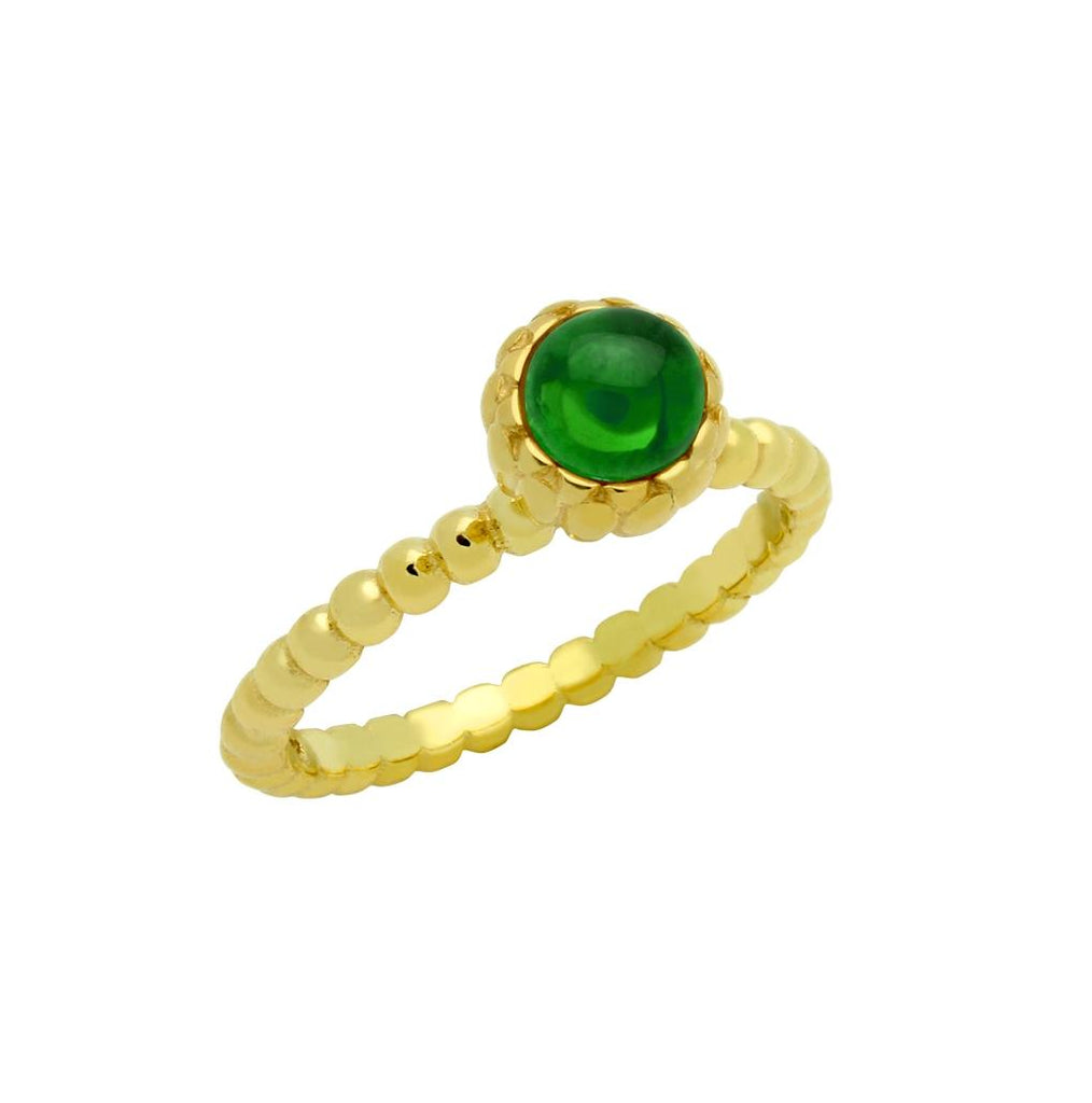 .925 Sterling Silver Gold Plated Bead Design Ring With 5mm Cabochon Emerald, <b>size: Emd</b>