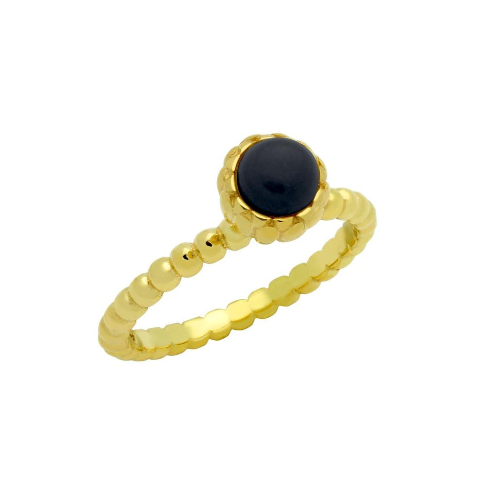 .925 Sterling Silver Gold Plated Bead Design Ring With 5mm Cabochon Onyx, <b>size: Onx</b>