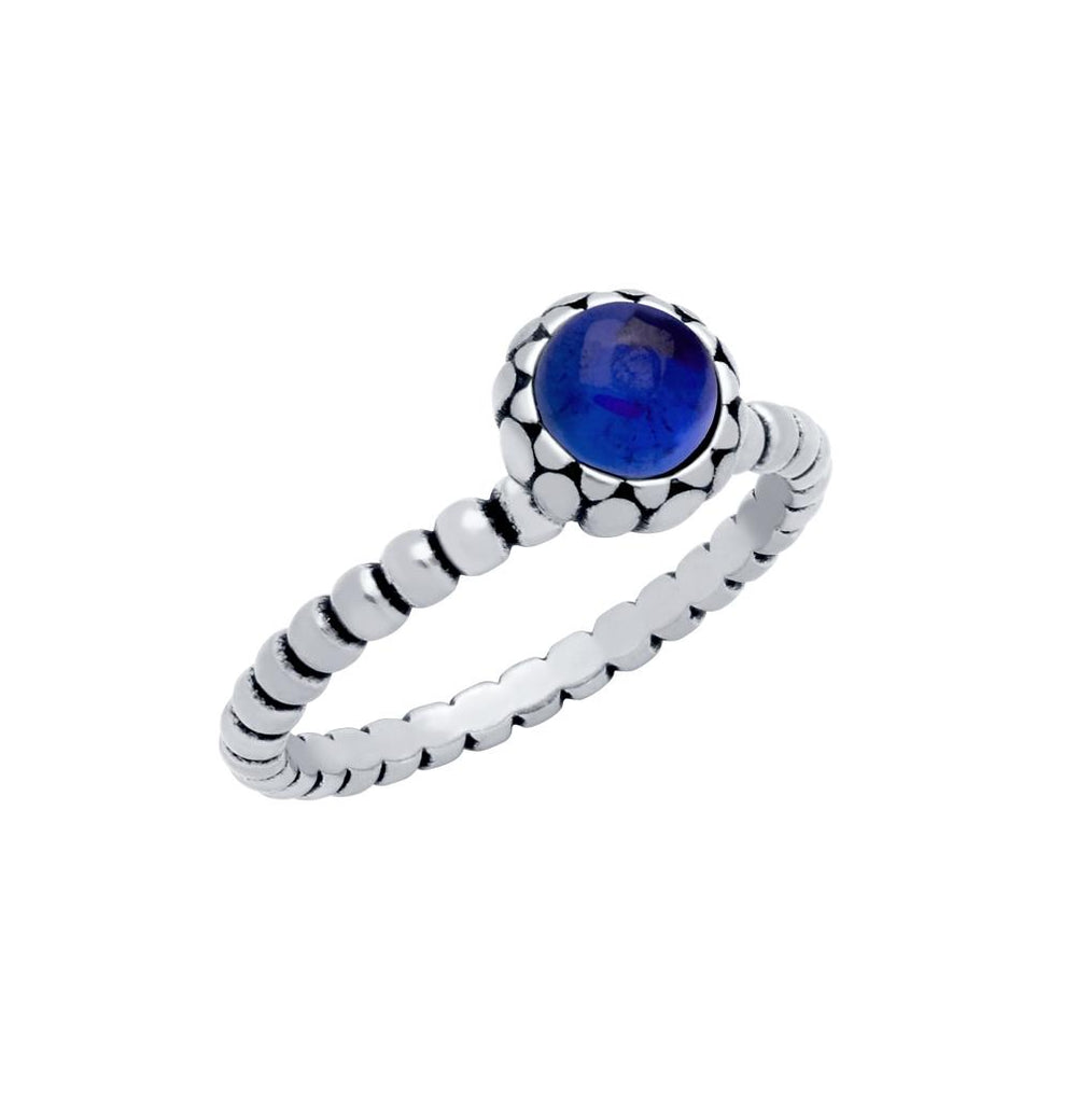 .925 Sterling Silver Bead Design Ring With 5mm Cabochon Sapphire, <b>size: Sap</b>