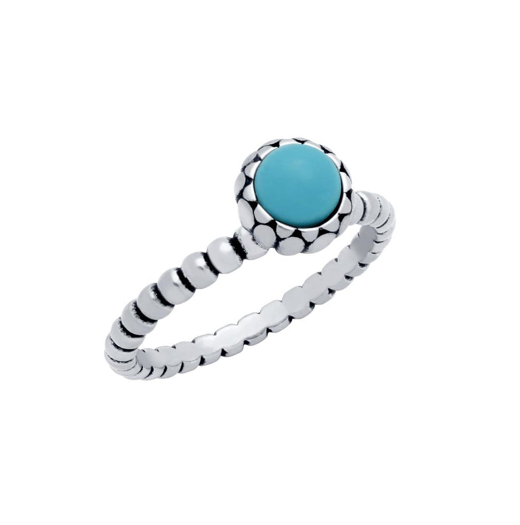 .925 Sterling Silver Bead Design Ring With 5mm Cabochon Turquoise, <b>size: Trq</b>