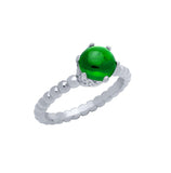 .925 Sterling Silver Rhodium Plated Bead Design Ring With 5mm Prong Set Cabochon Emerald, <b>size: Emd</b>