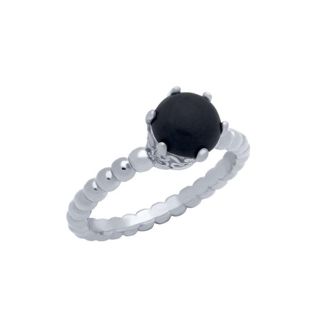 .925 Sterling Silver Rhodium Plated Bead Design Ring With 5mm Prong Set Cabochon Onyx, <b>size: Onx</b>