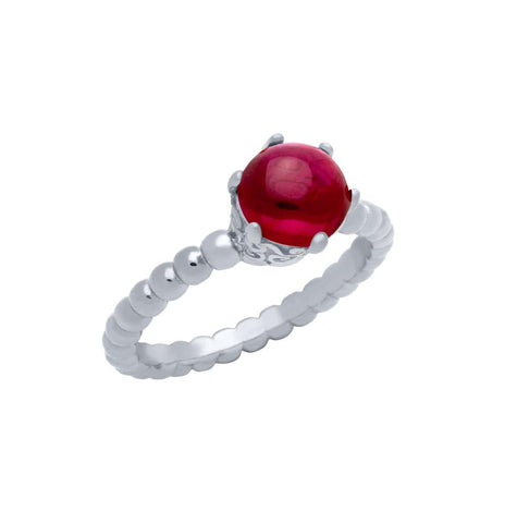 .925 Sterling Silver Rhodium Plated Bead Design Ring With 5mm Prong Set Cabochon Ruby, <b>size: Rby</b>