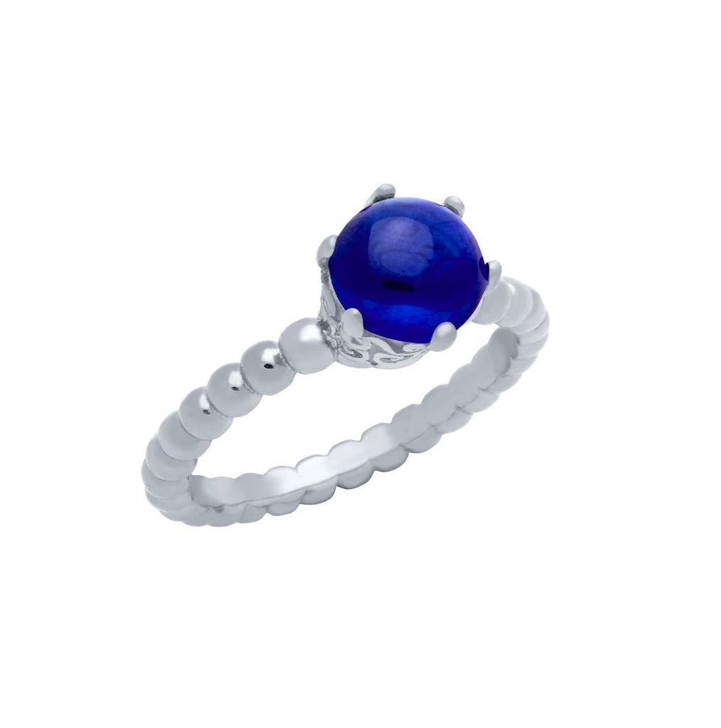 .925 Sterling Silver Rhodium Plated Bead Design Ring With 5mm Prong Set Cabochon Sapphire, <b>size: Sap</b>