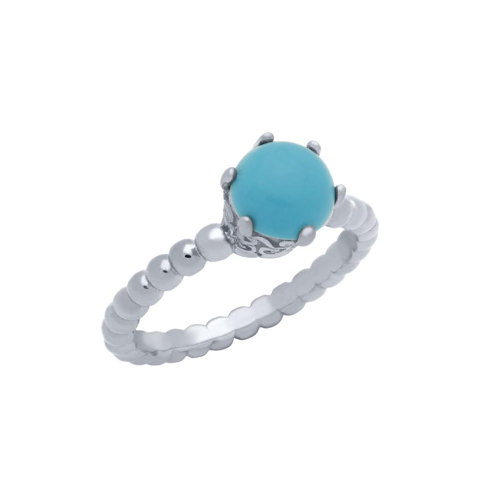 .925 Sterling Silver Rhodium Plated Bead Design Ring With 5mm Prong Set Cabochon Turquoise, <b>size: Trq</b>