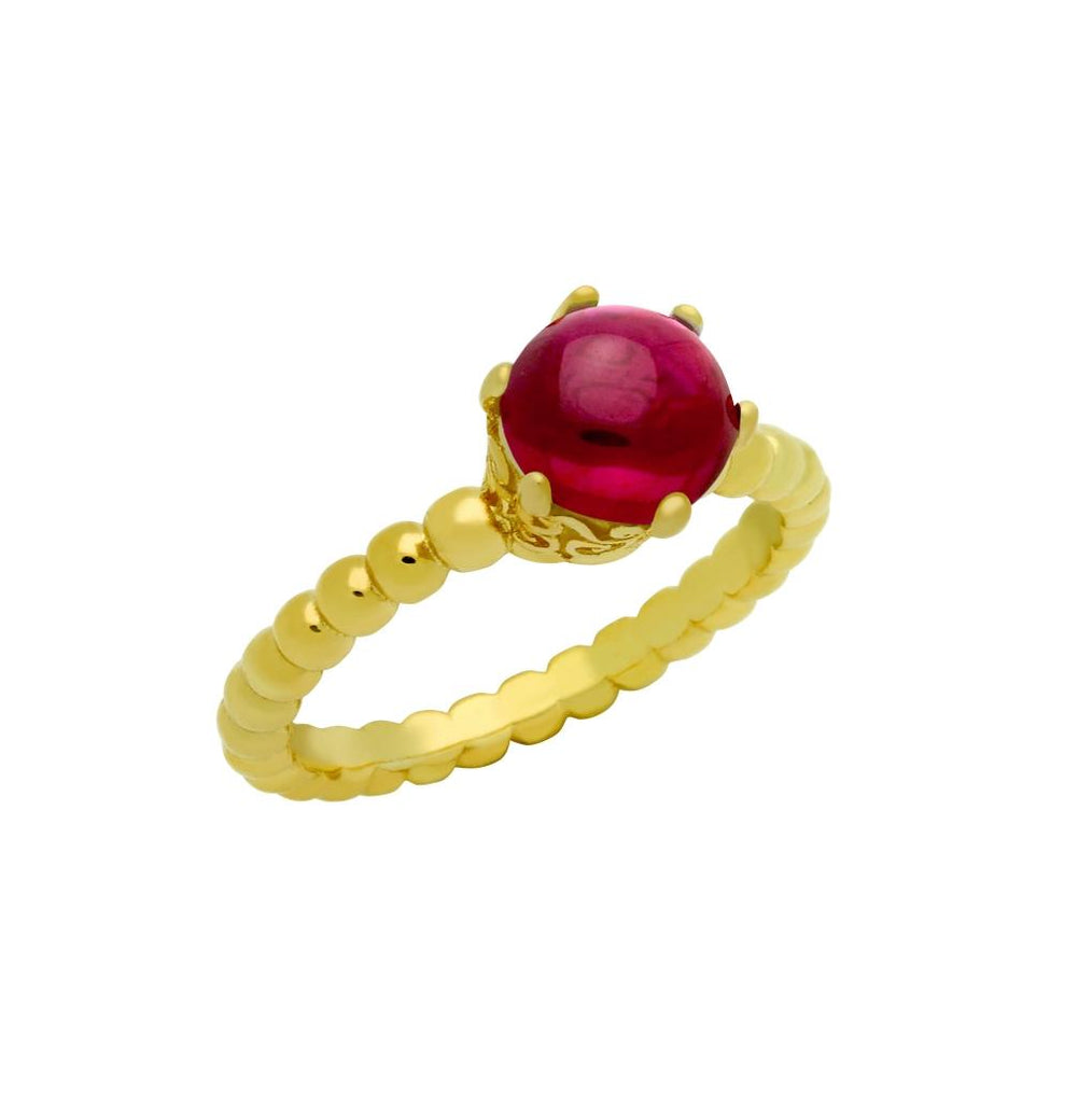 .925 Sterling Silver Gold Plated Bead Design Ring With 5mm Prong Set Cabochon Ruby, <b>size: Rby</b>