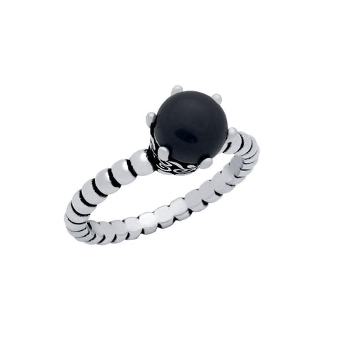 .925 Sterling Silver Bead Design Ring With 5mm Prong Set Cabochon Onyx, <b>size: Onx</b>