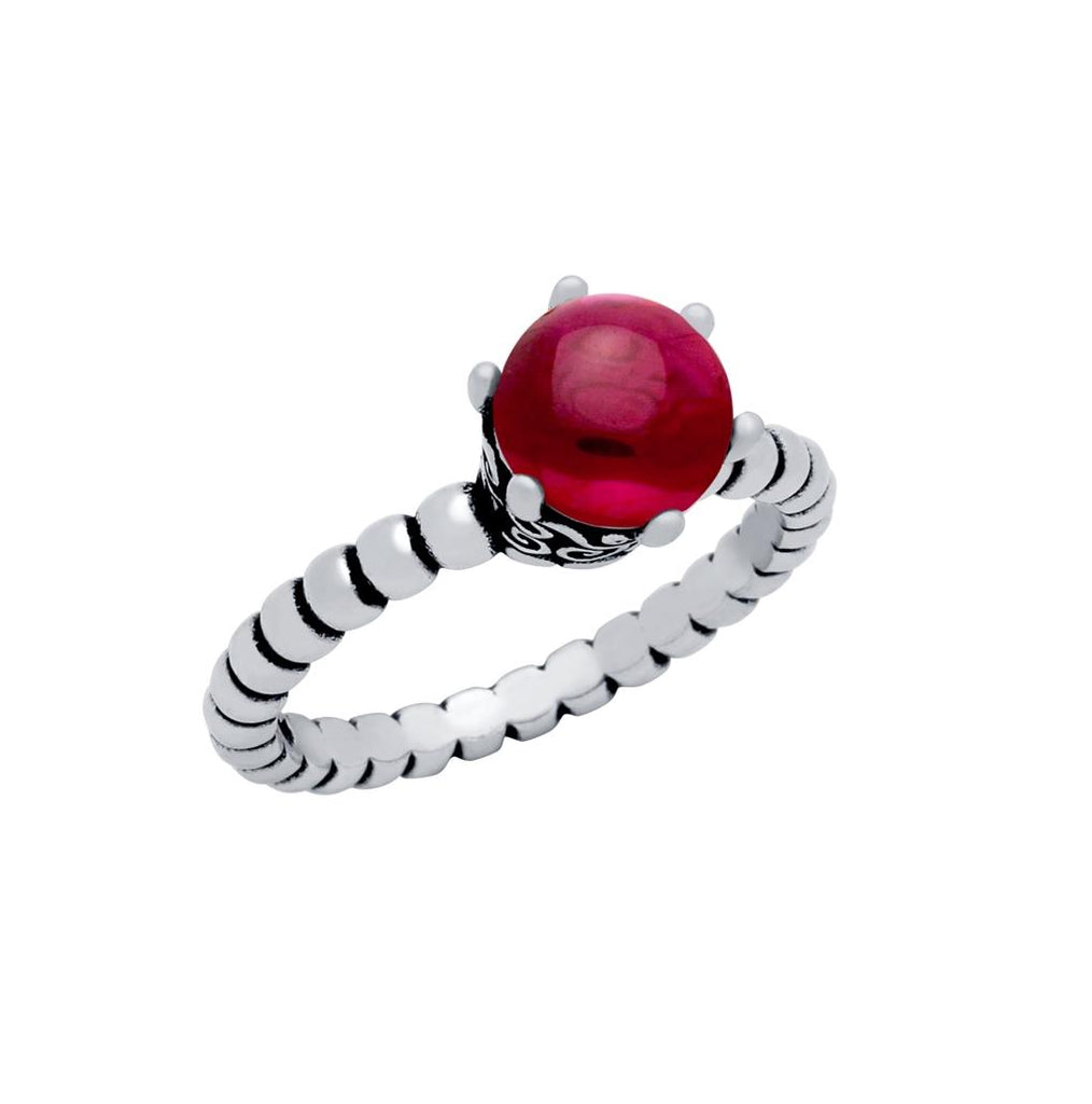 .925 Sterling Silver Bead Design Ring With 5mm Prong Set Cabochon Ruby, <b>size: Rby</b>