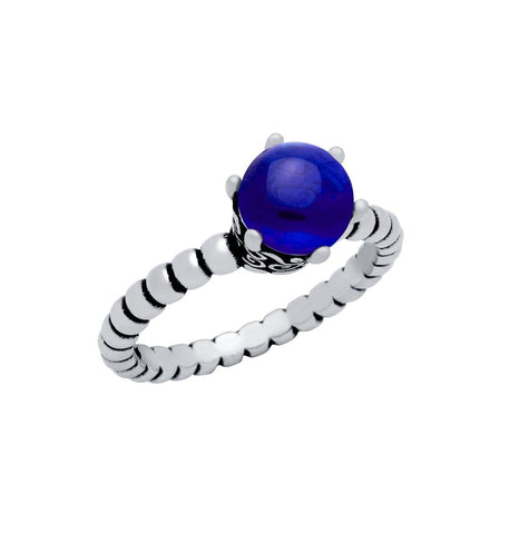 .925 Sterling Silver Bead Design Ring With 5mm Prong Set Cabochon Sapphire, <b>size: Sap</b>