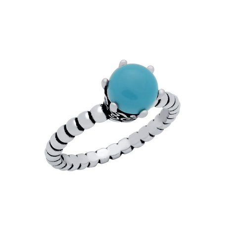 .925 Sterling Silver Bead Design Ring With 5mm Prong Set Cabochon Turquoise, <b>size: Trq</b>