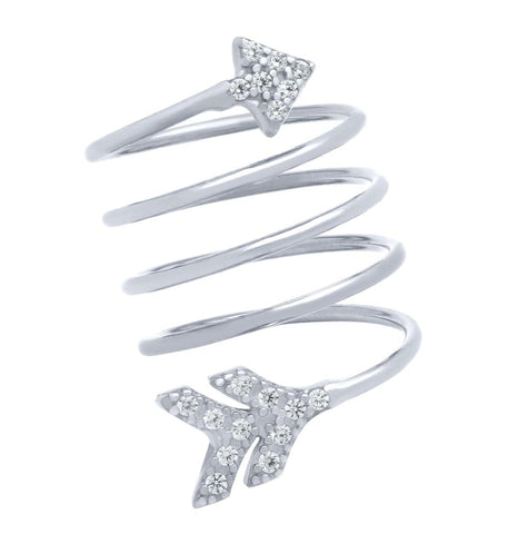 .925 Sterling Silver Rhodium Plated Spiral "spring Ring" With Cz Pave Arrow Head And Tail, <b>size: 6</b>