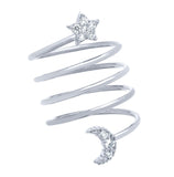 .925 Sterling Silver Rhodium Plated Spiral "spring Ring" With Cz Pave Moon And Star, <b>size: 6</b>