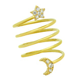 .925 Sterling Silver Gold Plated Spiral "spring Ring" With Cz Pave Moon And Star, <b>size: 6</b>