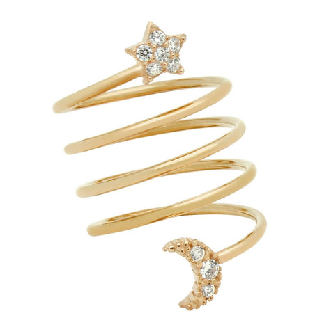 .925 Sterling Silver Rose Gold Plated Spiral "spring Ring" With Cz Pave Moon And Star, <b>size: 6</b>