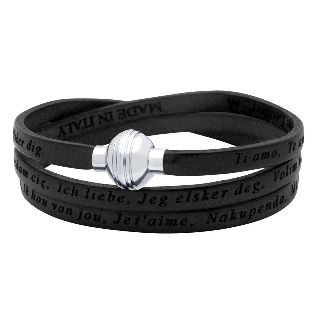 .925 Sterling Silver Black "i Love You" Leather Wrap Bracelet Engraved In 23 Languages, <b>size: Blk</b>