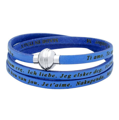 .925 Sterling Silver Blue "i Love You" Leather Wrap Bracelet Engraved In 23 Languages, <b>size: Blu</b>