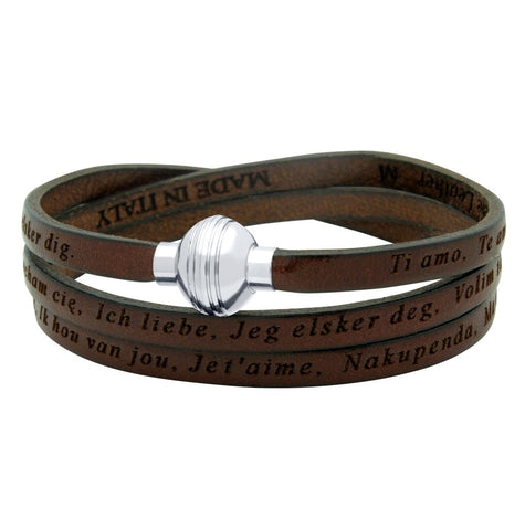 .925 Sterling Silver Brown "i Love You" Leather Wrap Bracelet Engraved In 23 Languages, <b>size: Brn</b>