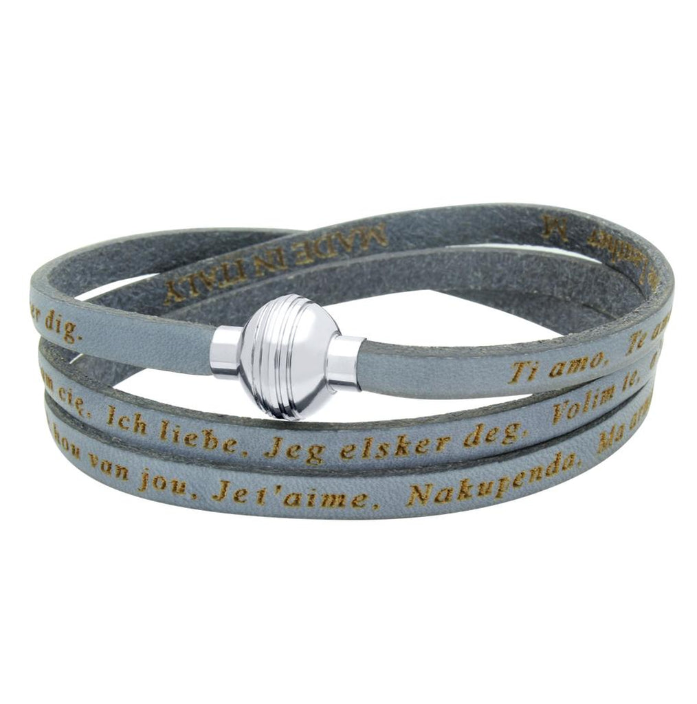 .925 Sterling Silver Gray "i Love You" Leather Wrap Bracelet Engraved In 23 Languages, <b>size: Gry</b>