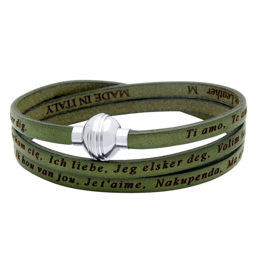 .925 Sterling Silver Olive Green "i Love You" Leather Wrap Bracelet Engraved In 23 Languages, <b>size: Olv</b>