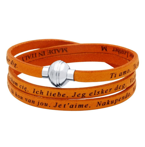 .925 Sterling Silver Orange "i Love You" Leather Wrap Bracelet Engraved In 23 Languages, <b>size: Org</b>